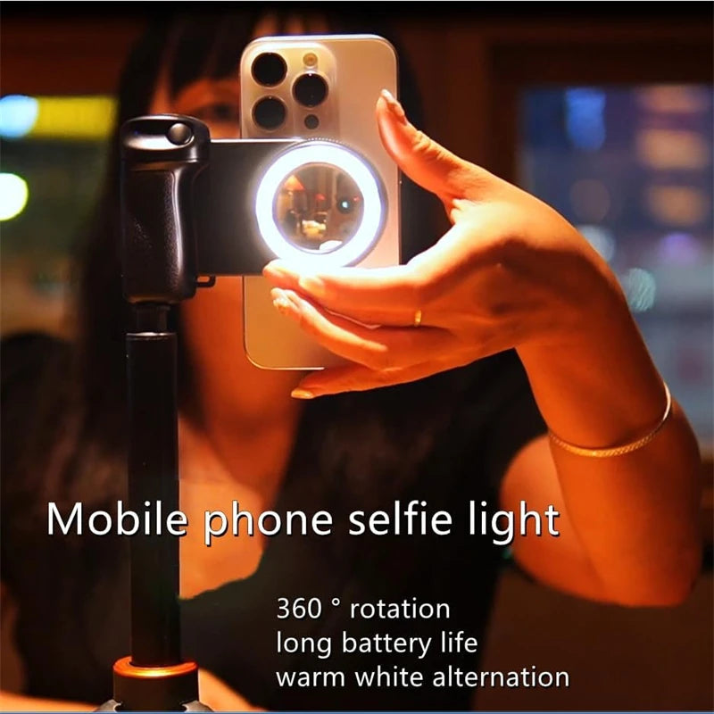 3-in-1 Magnetic LED Selfie Ring Light with Mirror, Phone Camera Grip Handle, and Tripod Stabilizer for MagSafe iPhone