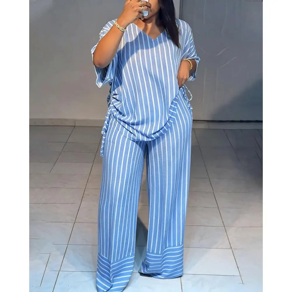 Women'S 2-Piece Striped Loose-Fitting V-Neck Thin Drape Wide-Leg Pants Suit, Summer New Fashion Casual Clothes for Women