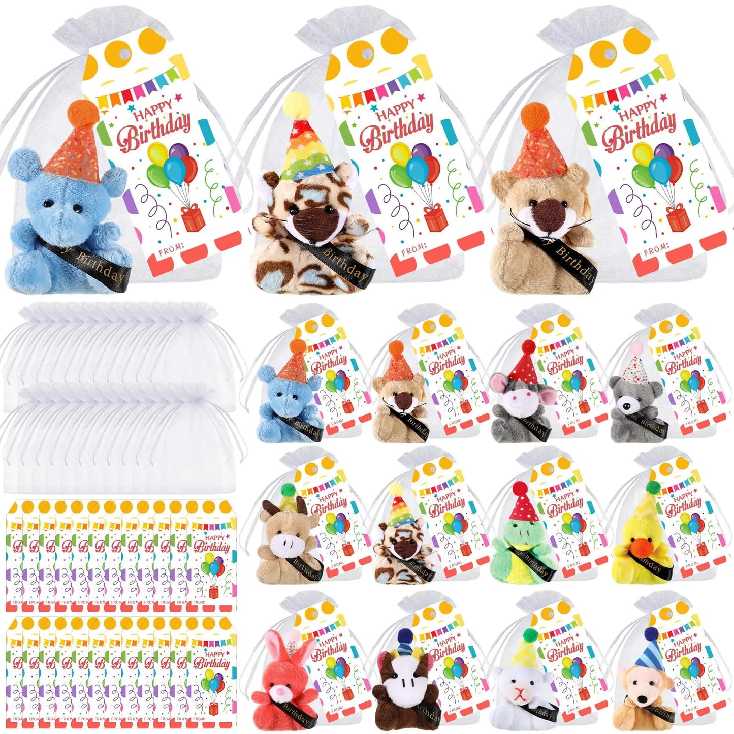 Mini Plush Animal Sets with Hats - Birthday and Back to School Party Favors, Cute Stuffed Goodie Bag Stuffers, Celebration Gifts for Students, Friends, and Teachers