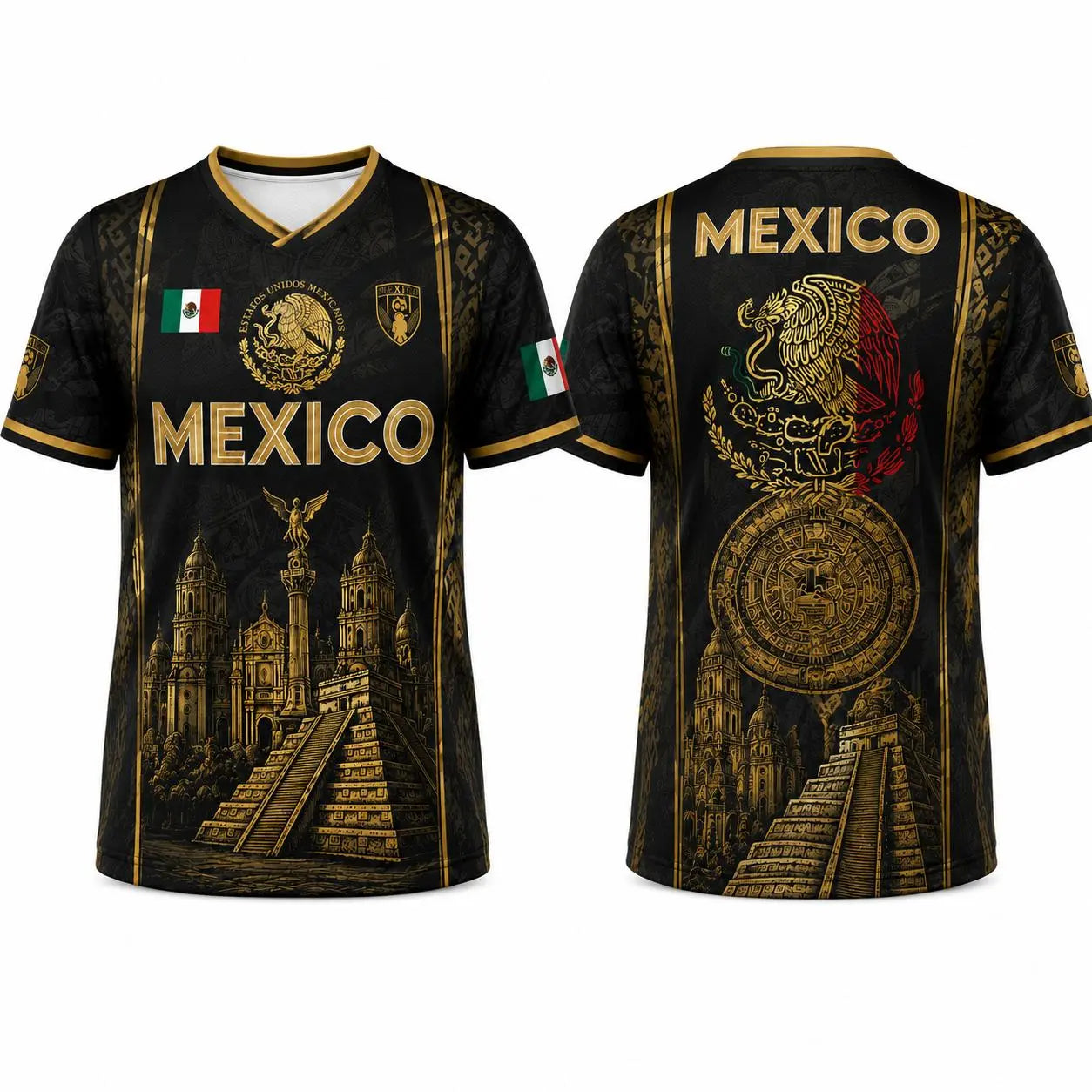 2026 Mexican Soccer Jersey for Men Women, Black Gold Aztec Eagle Chichén Itzá Pyramid V-Neck Football Shirt, Retro All over Print Sports Top