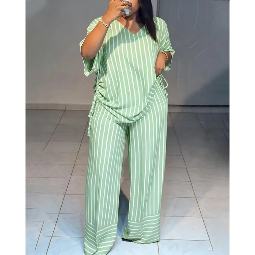 Women'S 2-Piece Striped Loose-Fitting V-Neck Thin Drape Wide-Leg Pants Suit, Summer New Fashion Casual Clothes for Women