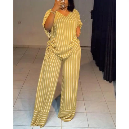 Women'S 2-Piece Striped Loose-Fitting V-Neck Thin Drape Wide-Leg Pants Suit, Summer New Fashion Casual Clothes for Women