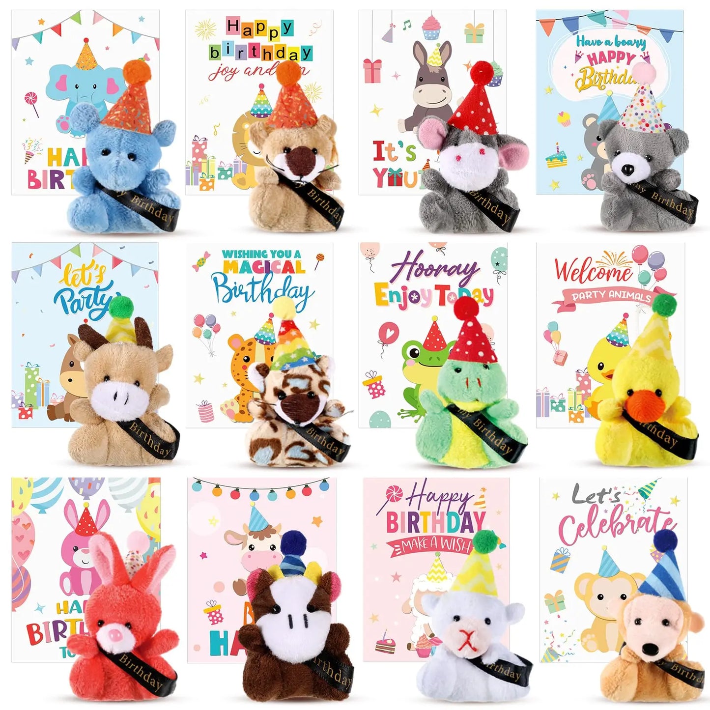 Mini Plush Animal Sets with Hats - Birthday and Back to School Party Favors, Cute Stuffed Goodie Bag Stuffers, Celebration Gifts for Students, Friends, and Teachers