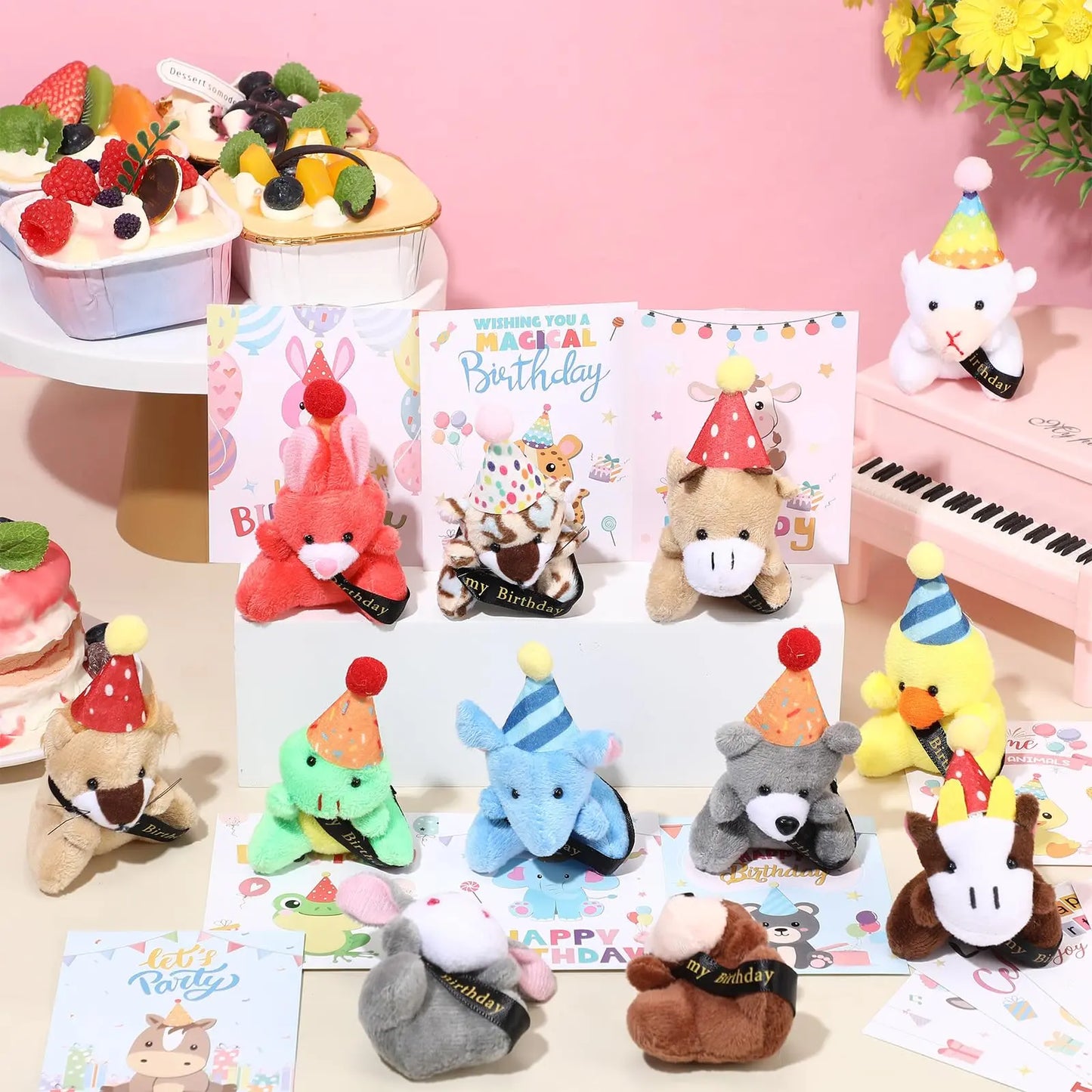 Mini Plush Animal Sets with Hats - Birthday and Back to School Party Favors, Cute Stuffed Goodie Bag Stuffers, Celebration Gifts for Students, Friends, and Teachers