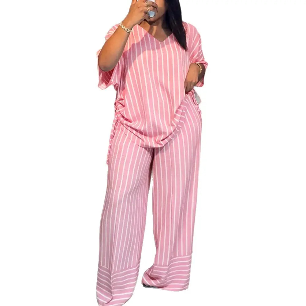 Women'S 2-Piece Striped Loose-Fitting V-Neck Thin Drape Wide-Leg Pants Suit, Summer New Fashion Casual Clothes for Women