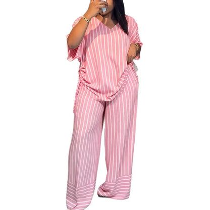 Women'S 2-Piece Striped Loose-Fitting V-Neck Thin Drape Wide-Leg Pants Suit, Summer New Fashion Casual Clothes for Women
