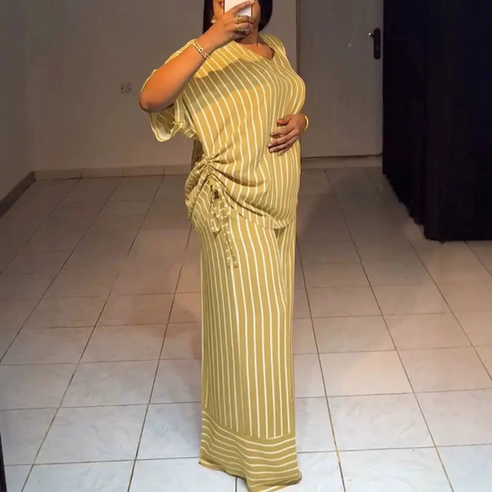 Women'S 2-Piece Striped Loose-Fitting V-Neck Thin Drape Wide-Leg Pants Suit, Summer New Fashion Casual Clothes for Women