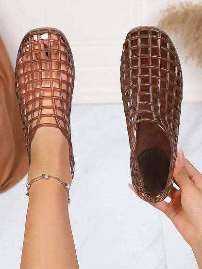 Women's Summer Fashion Mesh Jelly Sandals, European Style Hollow Out Flat Footwear for Beach Vacations