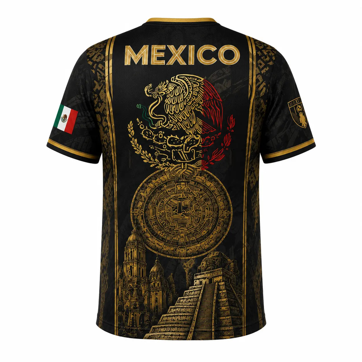2026 Mexican Soccer Jersey for Men Women, Black Gold Aztec Eagle Chichén Itzá Pyramid V-Neck Football Shirt, Retro All over Print Sports Top