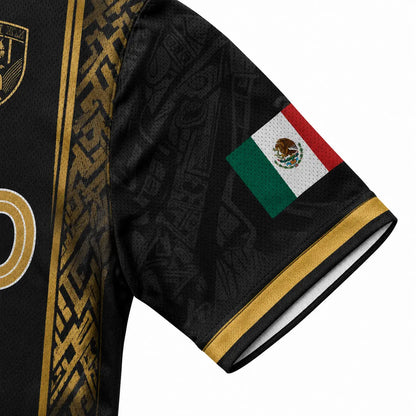 2026 Mexican Soccer Jersey for Men Women, Black Gold Aztec Eagle Chichén Itzá Pyramid V-Neck Football Shirt, Retro All over Print Sports Top