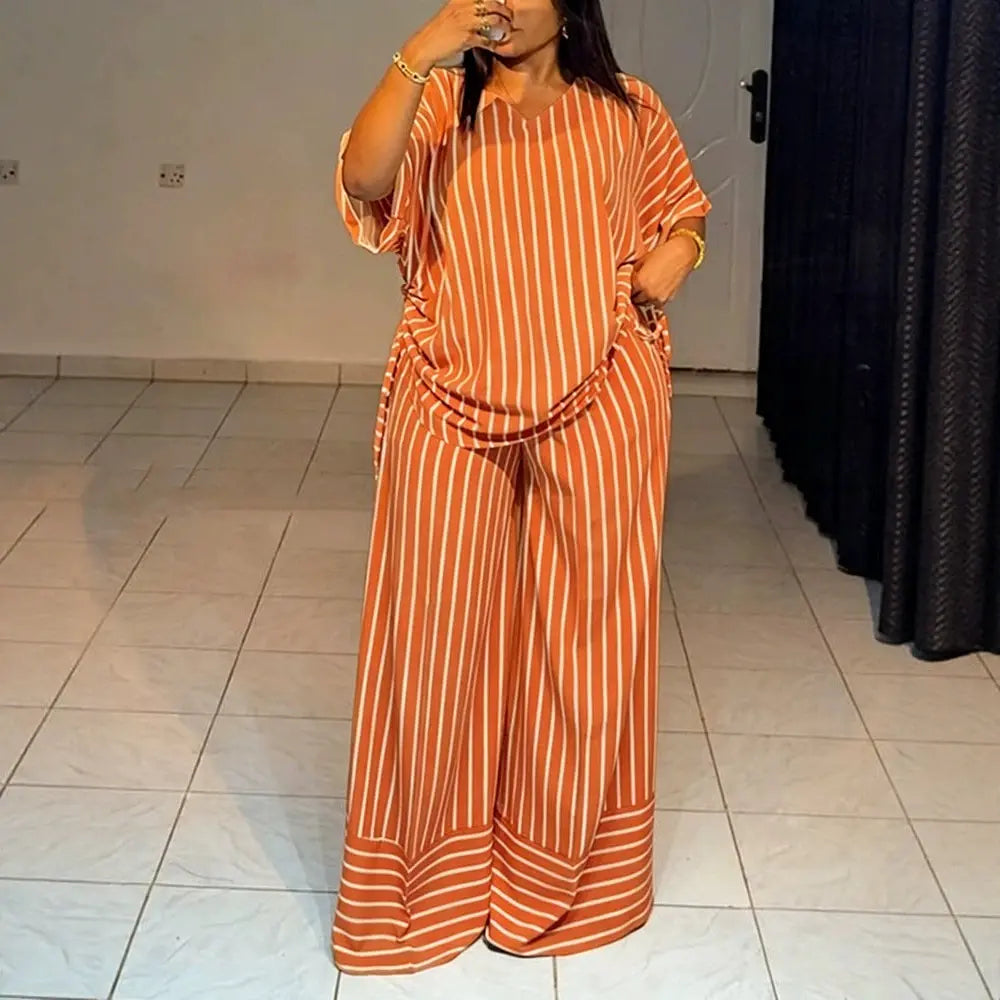 Women'S 2-Piece Striped Loose-Fitting V-Neck Thin Drape Wide-Leg Pants Suit, Summer New Fashion Casual Clothes for Women