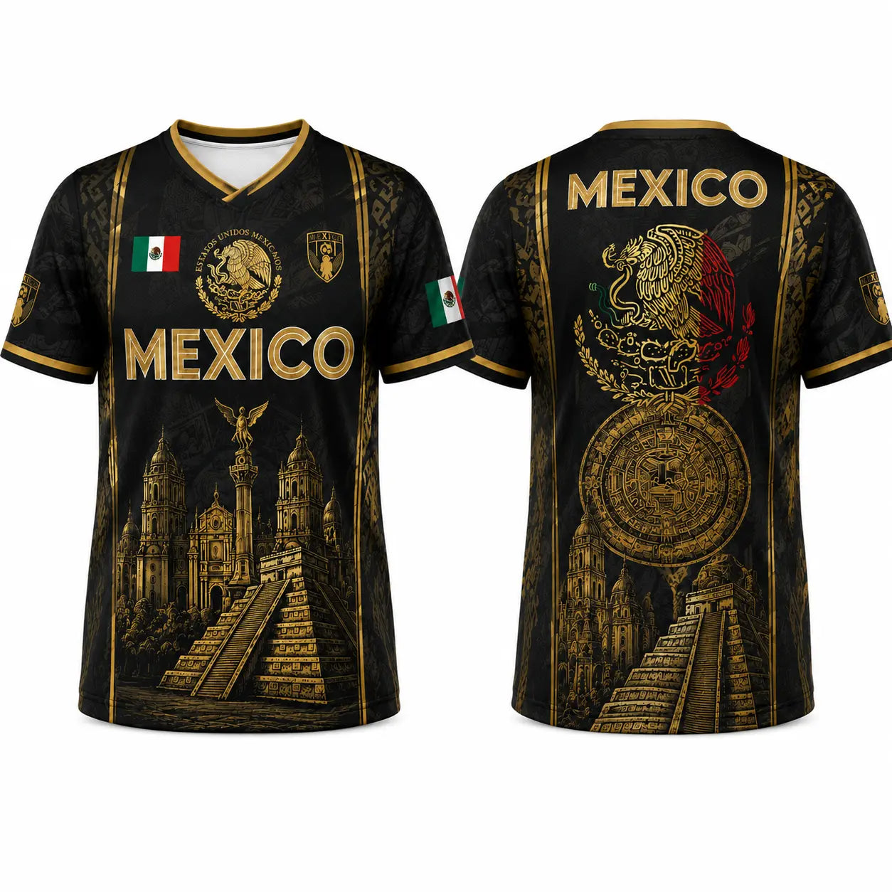 2026 Mexican Soccer Jersey for Men Women, Black Gold Aztec Eagle Chichén Itzá Pyramid V-Neck Football Shirt, Retro All over Print Sports Top