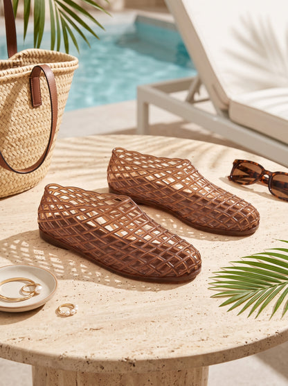 Women's Summer Fashion Mesh Jelly Sandals, European Style Hollow Out Flat Footwear for Beach Vacations