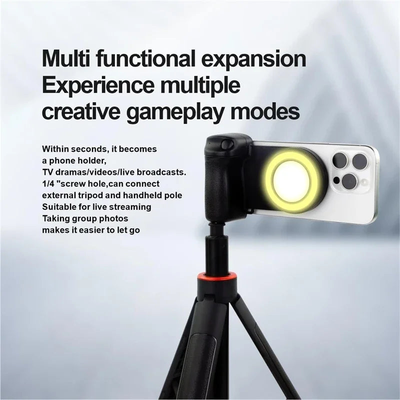 3-in-1 Magnetic LED Selfie Ring Light with Mirror, Phone Camera Grip Handle, and Tripod Stabilizer for MagSafe iPhone