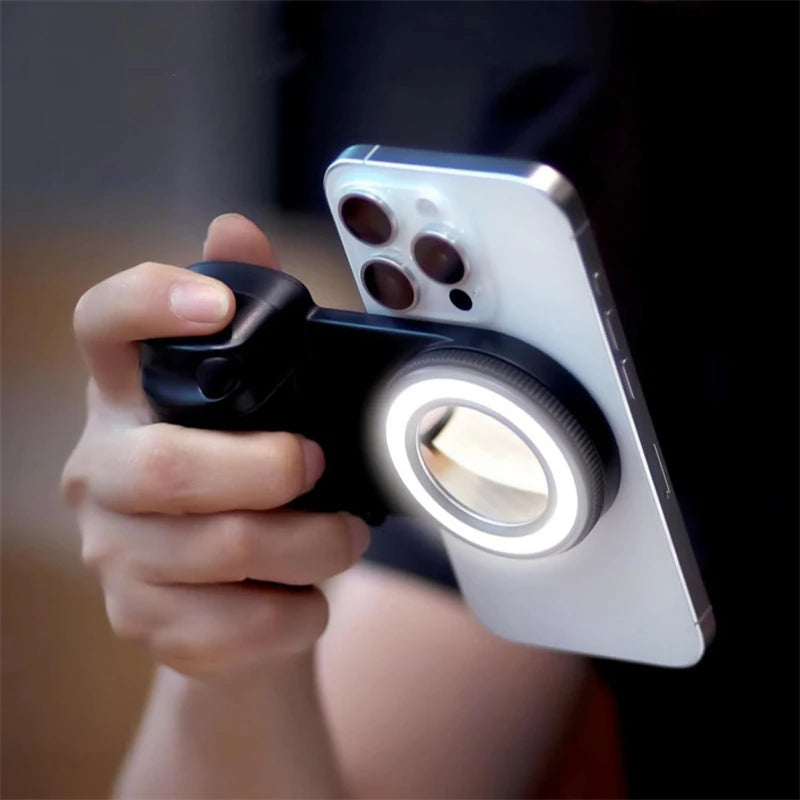 3-in-1 Magnetic LED Selfie Ring Light with Mirror, Phone Camera Grip Handle, and Tripod Stabilizer for MagSafe iPhone