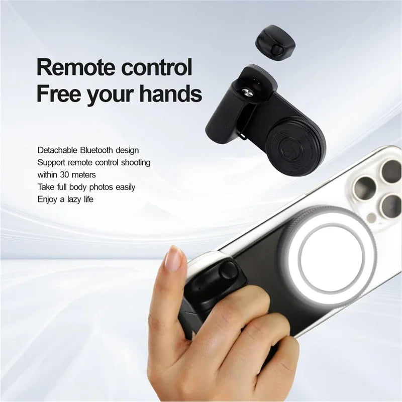 3-in-1 Magnetic LED Selfie Ring Light with Mirror, Phone Camera Grip Handle, and Tripod Stabilizer for MagSafe iPhone