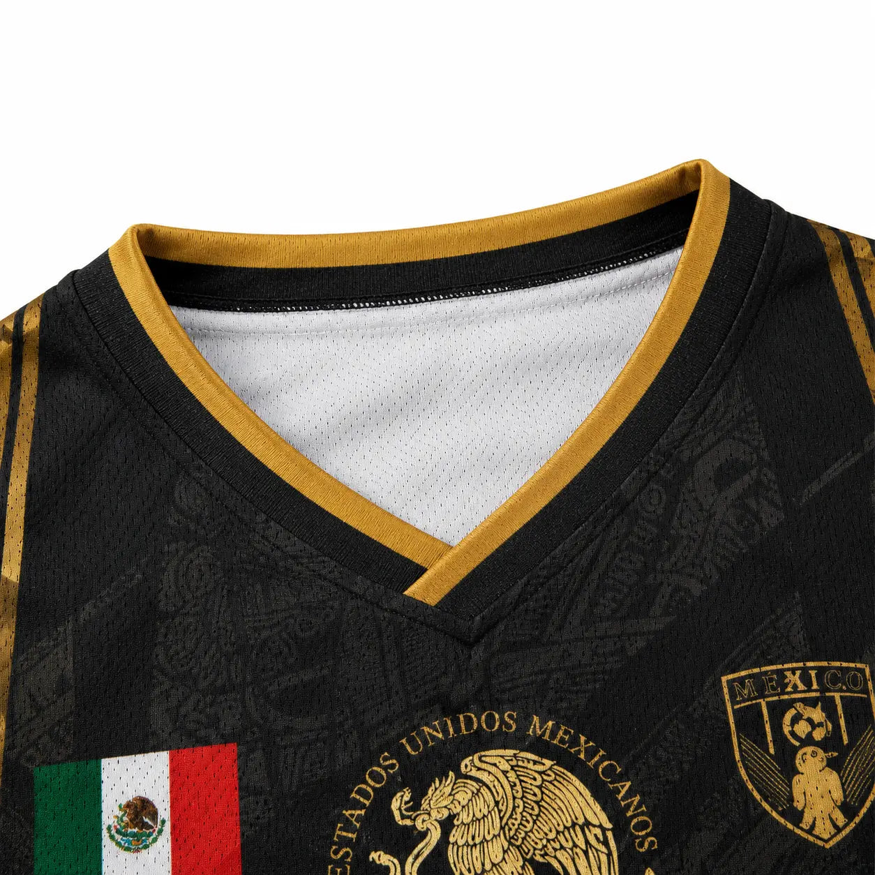 2026 Mexican Soccer Jersey for Men Women, Black Gold Aztec Eagle Chichén Itzá Pyramid V-Neck Football Shirt, Retro All over Print Sports Top