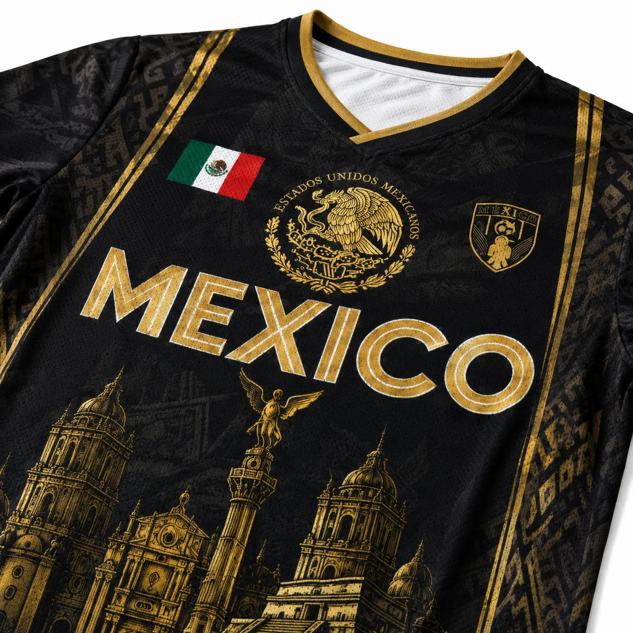 2026 Mexican Soccer Jersey for Men Women, Black Gold Aztec Eagle Chichén Itzá Pyramid V-Neck Football Shirt, Retro All over Print Sports Top