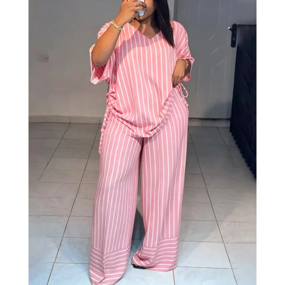 Women'S 2-Piece Striped Loose-Fitting V-Neck Thin Drape Wide-Leg Pants Suit, Summer New Fashion Casual Clothes for Women