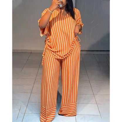 Women'S 2-Piece Striped Loose-Fitting V-Neck Thin Drape Wide-Leg Pants Suit, Summer New Fashion Casual Clothes for Women