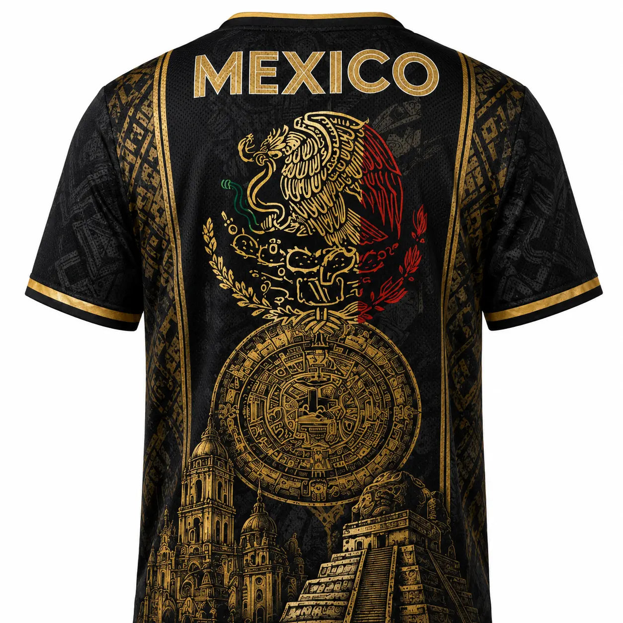 2026 Mexican Soccer Jersey for Men Women, Black Gold Aztec Eagle Chichén Itzá Pyramid V-Neck Football Shirt, Retro All over Print Sports Top
