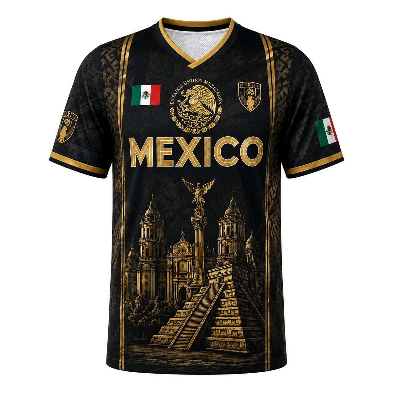 2026 Mexican Soccer Jersey for Men Women, Black Gold Aztec Eagle Chichén Itzá Pyramid V-Neck Football Shirt, Retro All over Print Sports Top