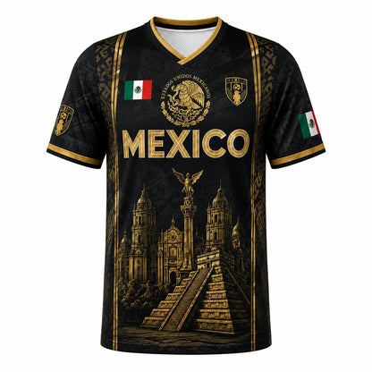 2026 Mexican Soccer Jersey for Men Women, Black Gold Aztec Eagle Chichén Itzá Pyramid V-Neck Football Shirt, Retro All over Print Sports Top