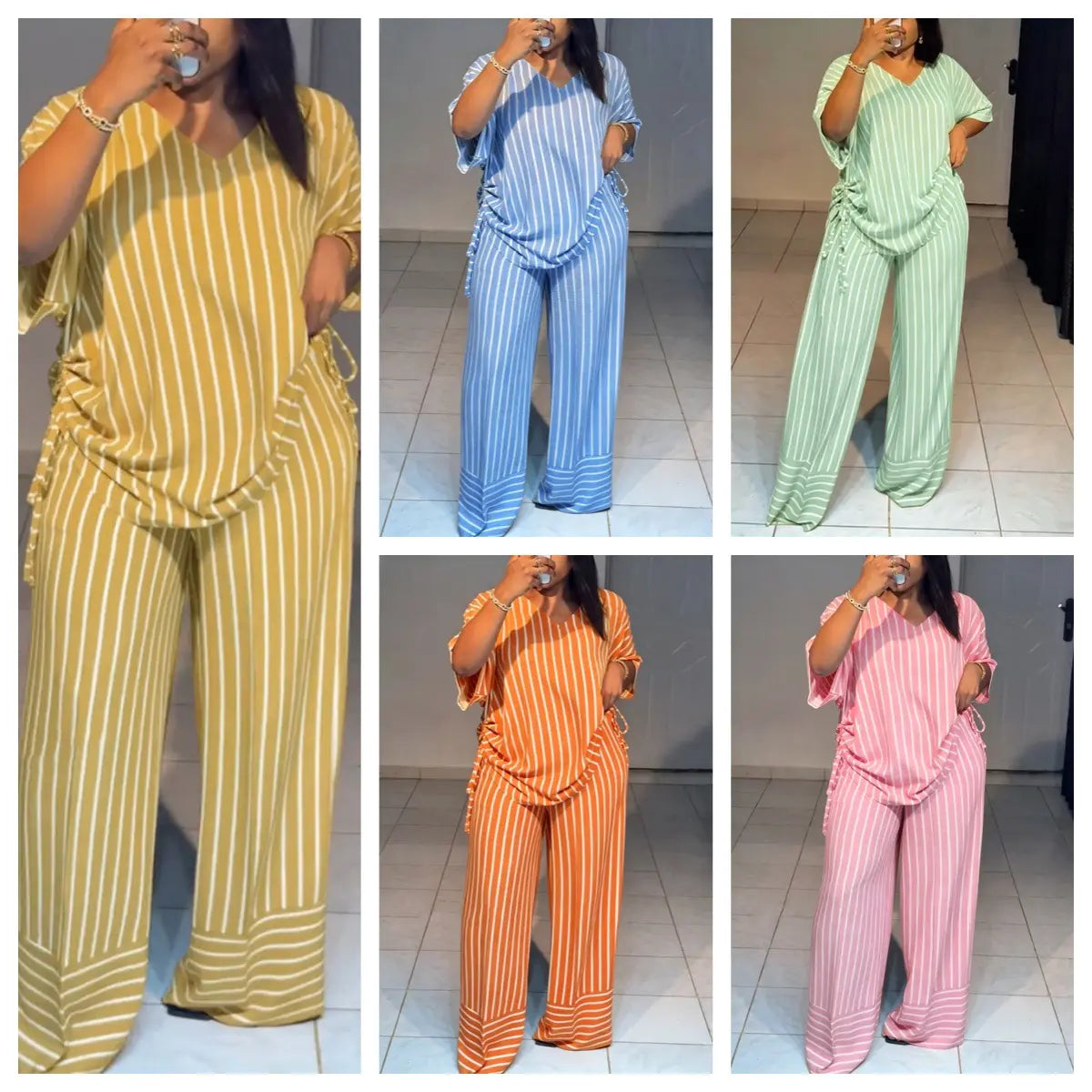 Women'S 2-Piece Striped Loose-Fitting V-Neck Thin Drape Wide-Leg Pants Suit, Summer New Fashion Casual Clothes for Women