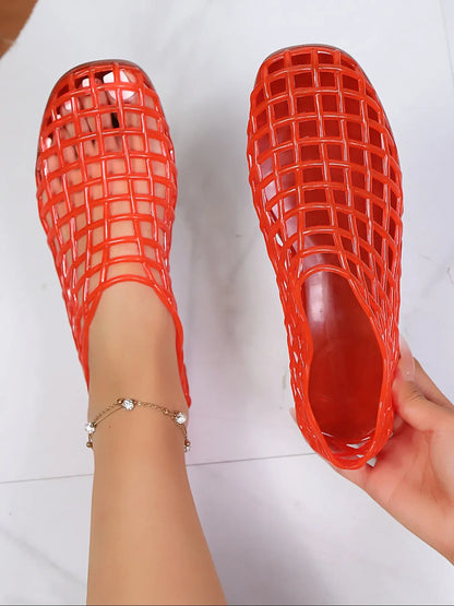 Women's Summer Fashion Mesh Jelly Sandals, European Style Hollow Out Flat Footwear for Beach Vacations