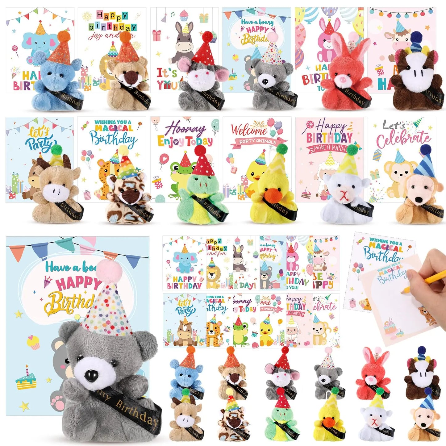 Mini Plush Animal Sets with Hats - Birthday and Back to School Party Favors, Cute Stuffed Goodie Bag Stuffers, Celebration Gifts for Students, Friends, and Teachers