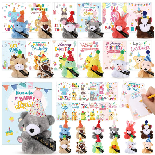 Mini Plush Animal Sets with Hats - Birthday and Back to School Party Favors, Cute Stuffed Goodie Bag Stuffers, Celebration Gifts for Students, Friends, and Teachers