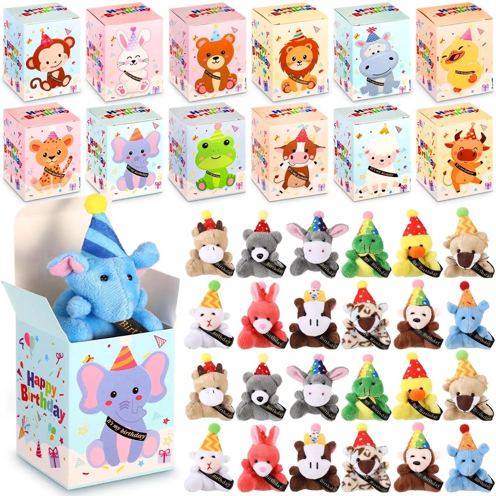 Mini Plush Animal Sets with Hats - Birthday and Back to School Party Favors, Cute Stuffed Goodie Bag Stuffers, Celebration Gifts for Students, Friends, and Teachers