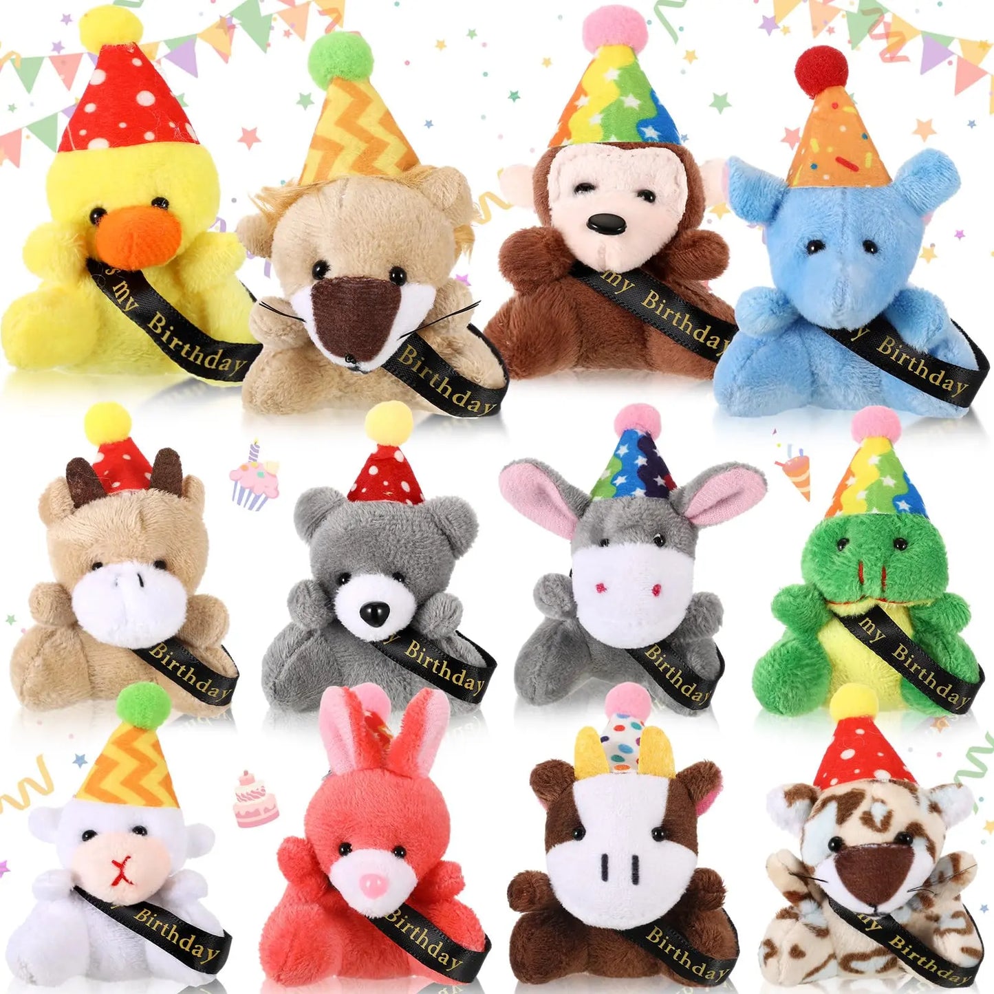 Mini Plush Animal Sets with Hats - Birthday and Back to School Party Favors, Cute Stuffed Goodie Bag Stuffers, Celebration Gifts for Students, Friends, and Teachers