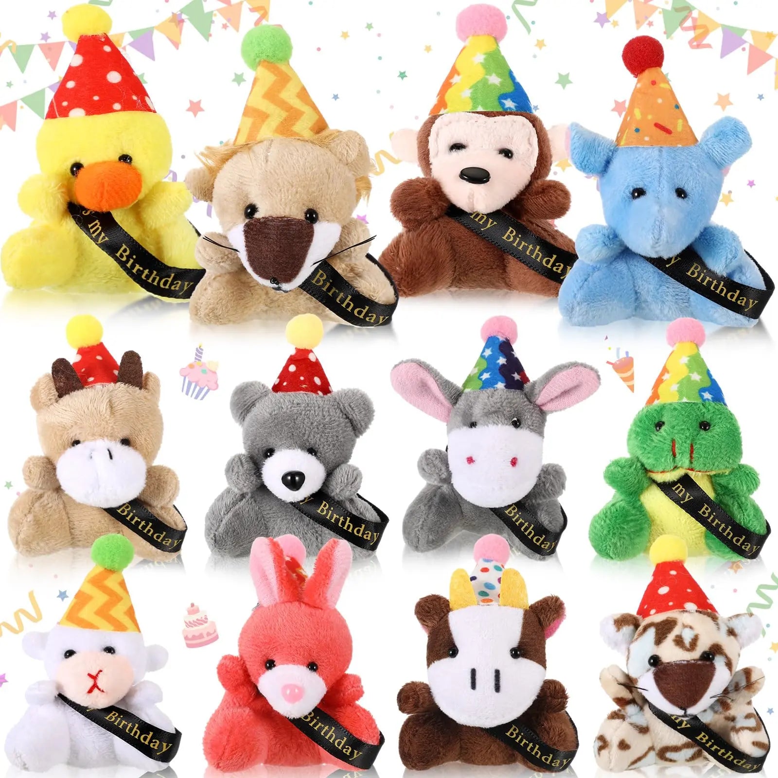 Mini Plush Animal Sets with Hats - Birthday and Back to School Party Favors, Cute Stuffed Goodie Bag Stuffers, Celebration Gifts for Students, Friends, and Teachers