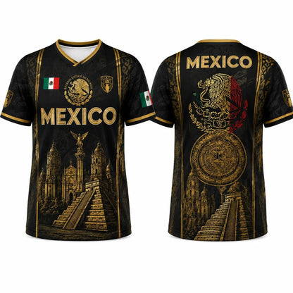 2026 Mexican Soccer Jersey for Men Women, Black Gold Aztec Eagle Chichén Itzá Pyramid V-Neck Football Shirt, Retro All over Print Sports Top